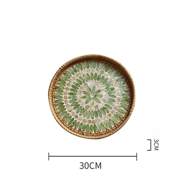 Bandeja redonda de vime feita à mão, concha colorida, bandeja de armazenamento, convidado doméstico, sala de jantar, decoração de mesa, decoração de casa