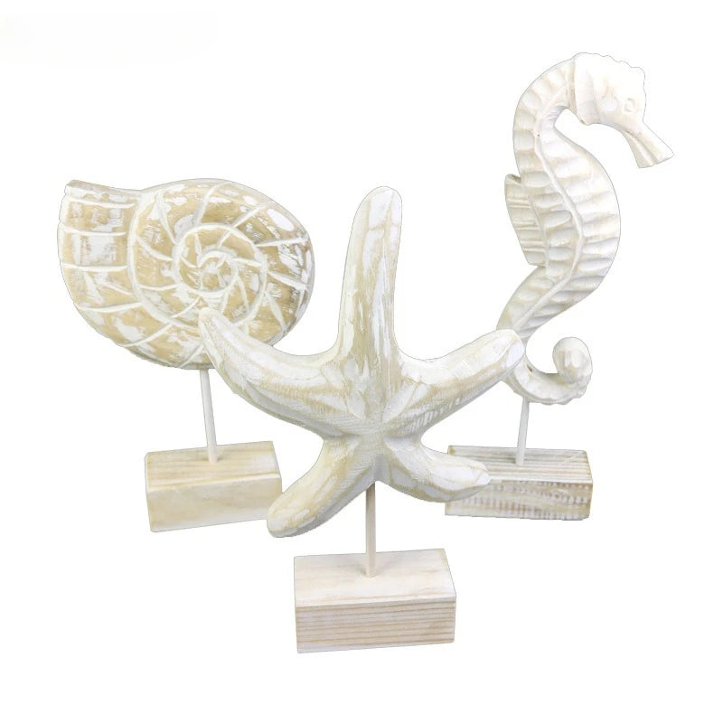 Artesanato de madeira estilo mediterrâneo, estrela do mar, concha, hipocampo, escultura em madeira, marinha, decoração da sala de estar