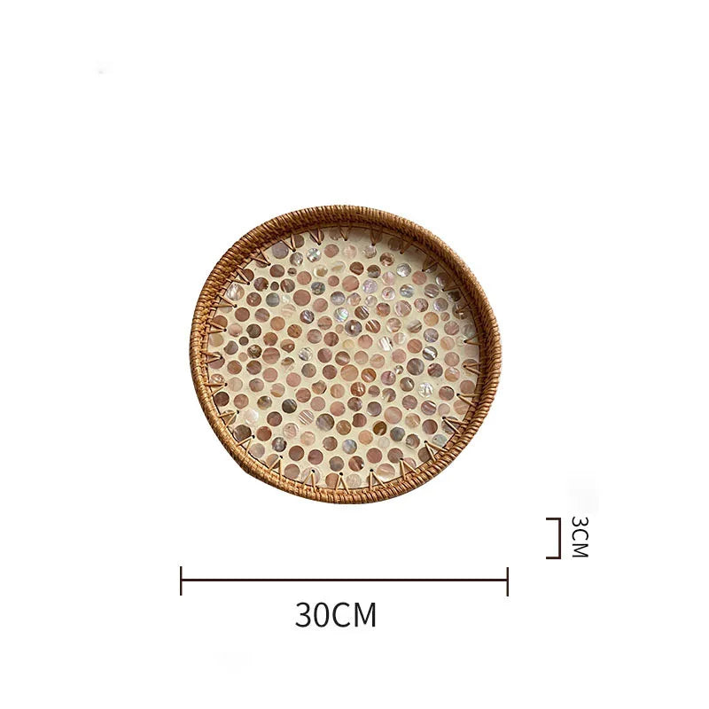 Bandeja redonda de vime feita à mão, concha colorida, bandeja de armazenamento, convidado doméstico, sala de jantar, decoração de mesa, decoração de casa