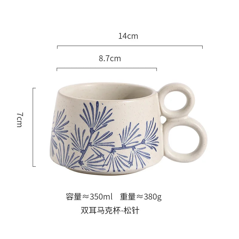 Copo de café cerâmico criativo, caneca azul e branca da ânfora, caneca da aveia do leite do café da manhã, chávena inglesa da camélia da tarde, 350ml