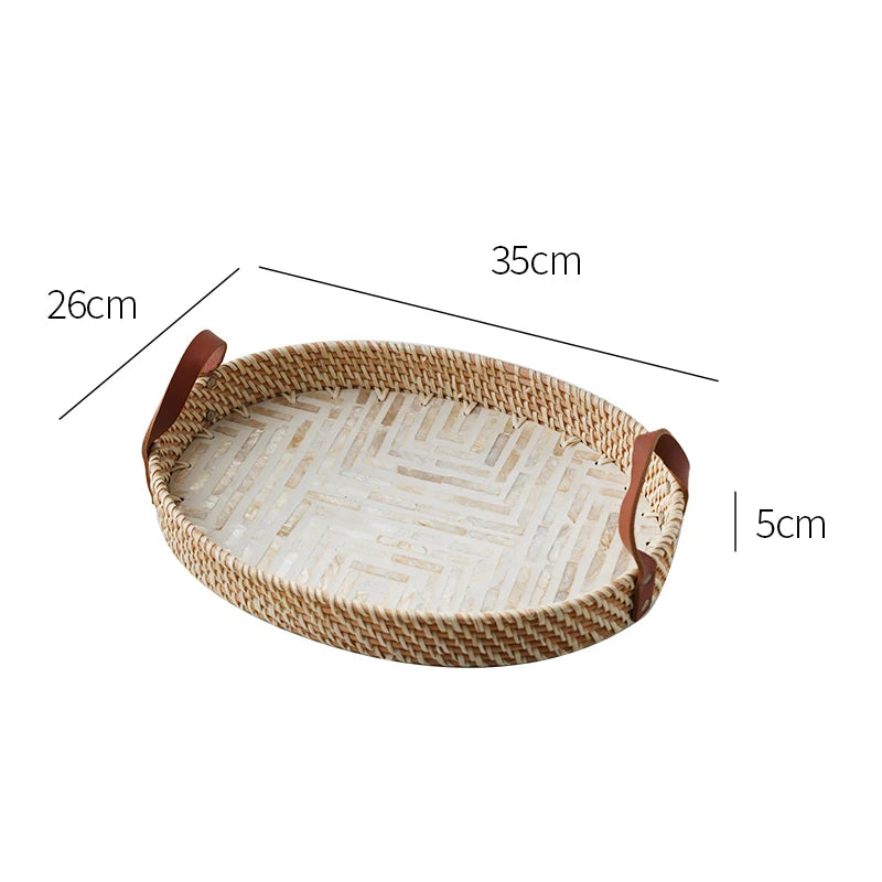 Ahunderjiaz-cesta de armazenamento retrô de rattan, bandeja criativa de concha natural com alças de couro, ornamentos de mesa para casa e sala de estar