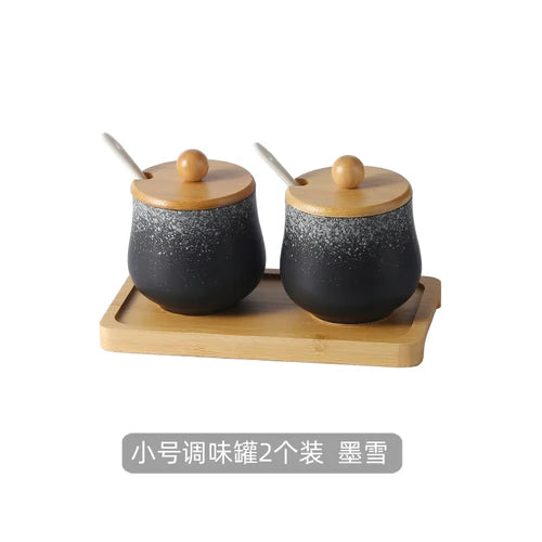 Estilo japonês do vintage conjunto de combinação de pote de especiarias de cerâmica cozinha caixa de especiarias de sal com tampa pimenta frasco de açúcar utensílios de cozinha