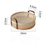 Estilo nórdico rattan tecido coleção bandeja cesta alça de couro pequena cesta circular aromaterapia conjunto chá cesta pão