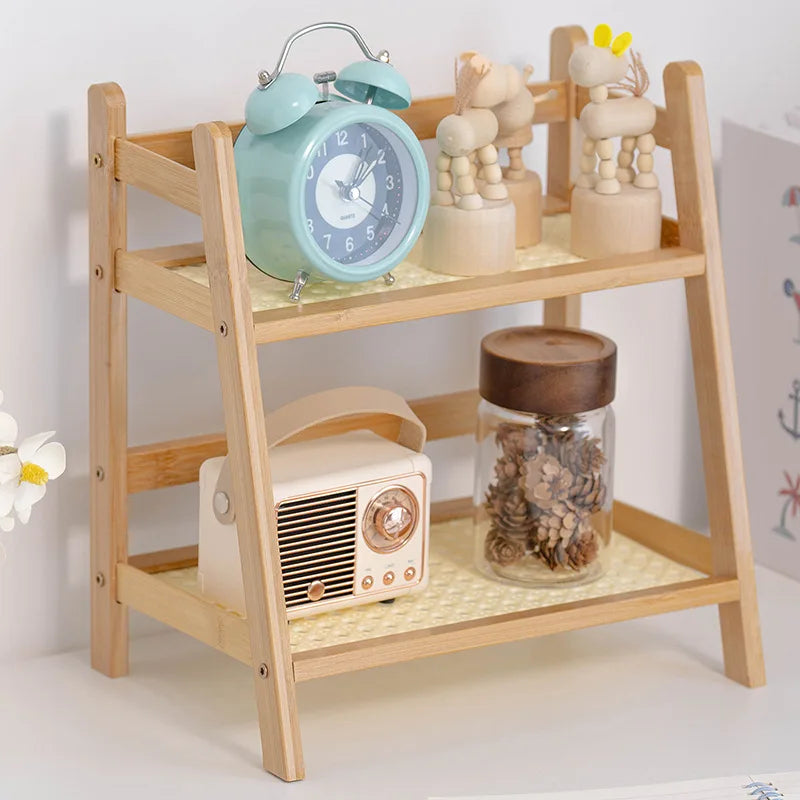 Rattan De Madeira Prateleira De Armazenamento, Desktop Stand Organizador, Trapezoidal Mesa, Display Rack, Escritório Estacionário, 2-Tier