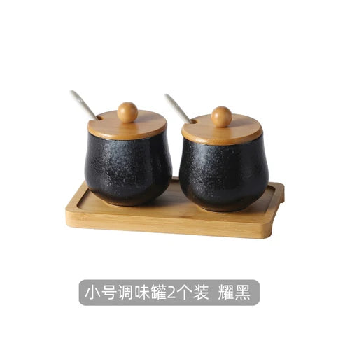 Estilo japonês do vintage conjunto de combinação de pote de especiarias de cerâmica cozinha caixa de especiarias de sal com tampa pimenta frasco de açúcar utensílios de cozinha