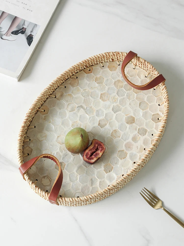 Wabi-Sabi Estilo Natural Shell Fruit Plate, Cesta De Sobremesa, Bandeja De Armazenamento De Rattan Artesanal, Banheiro Decoração De Casa Organização
