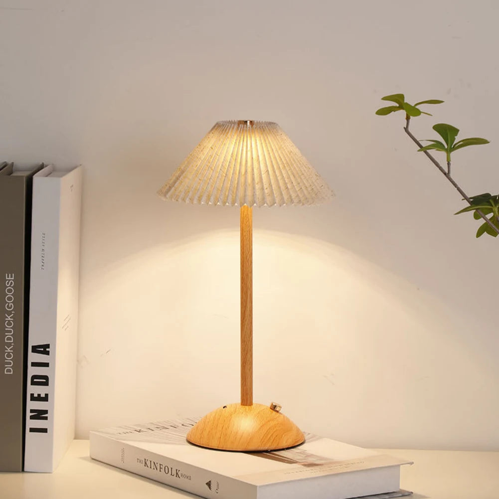 Portátil LED Desk Lamp com Base de Madeira, Pequeno Candeeiro De Mesa, Tecido Sombra, Regulável, Toque, Recarregável, Sala De Estar, Dormitório, Casa, Escritório