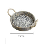 Ahunderjiaz-cesta de armazenamento retrô de rattan, bandeja criativa de concha natural com alças de couro, ornamentos de mesa para casa e sala de estar