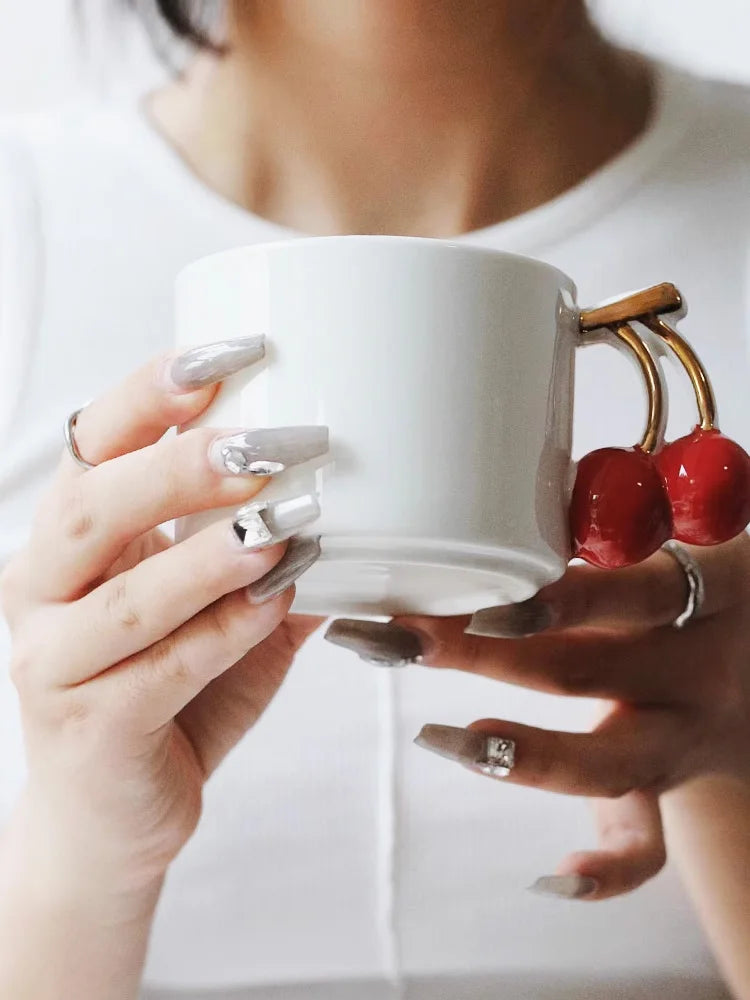 Ahunderjiaz-Pintado à mão Cereja Cerâmica Xícara De Café, Criativo 3D Caneca De Leite, Conjunto De Beber Doméstico, Presente De Aniversário