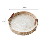 Ahunderjiaz-cesta de armazenamento retrô de rattan, bandeja criativa de concha natural com alças de couro, ornamentos de mesa para casa e sala de estar