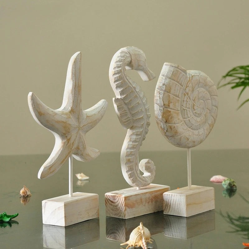 Artesanato de madeira estilo mediterrâneo, estrela do mar, concha, hipocampo, escultura em madeira, marinha, decoração da sala de estar