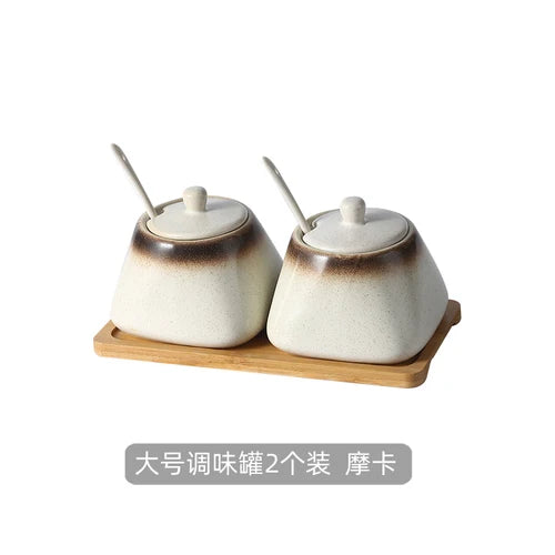 Estilo japonês do vintage conjunto de combinação de pote de especiarias de cerâmica cozinha caixa de especiarias de sal com tampa pimenta frasco de açúcar utensílios de cozinha