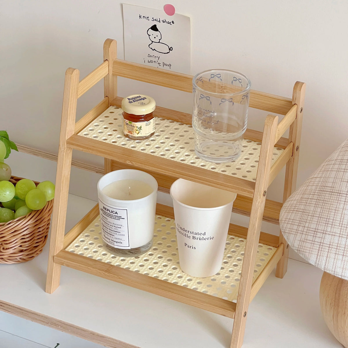 Rattan De Madeira Prateleira De Armazenamento, Desktop Stand Organizador, Trapezoidal Mesa, Display Rack, Escritório Estacionário, 2-Tier