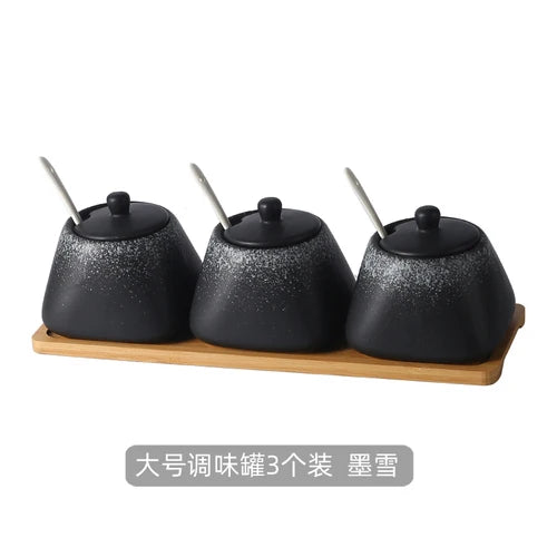 Estilo japonês do vintage conjunto de combinação de pote de especiarias de cerâmica cozinha caixa de especiarias de sal com tampa pimenta frasco de açúcar utensílios de cozinha