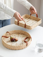 Ahunderjiaz-cesta de armazenamento retrô de rattan, bandeja criativa de concha natural com alças de couro, ornamentos de mesa para casa e sala de estar