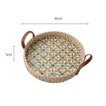 Ahunderjiaz-cesta de armazenamento retrô de rattan, bandeja criativa de concha natural com alças de couro, ornamentos de mesa para casa e sala de estar