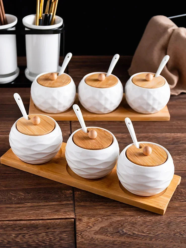 Cerâmica tempero pote tempero caixa bandeja de madeira tempero garrafa de açúcar tigela de sal do agregado familiar com colher suprimentos cozinha