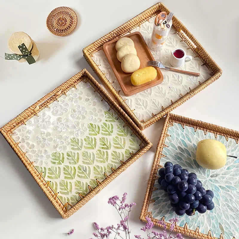 Bandeja premium de concha quadrada de luxo, rattan feito à mão, cesta de frutas de piquenique colorida, conjunto de armazenamento de cozinha, decoração de mobiliário doméstico
