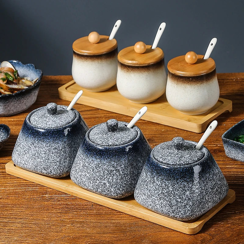 Estilo japonês do vintage conjunto de combinação de pote de especiarias de cerâmica cozinha caixa de especiarias de sal com tampa pimenta frasco de açúcar utensílios de cozinha