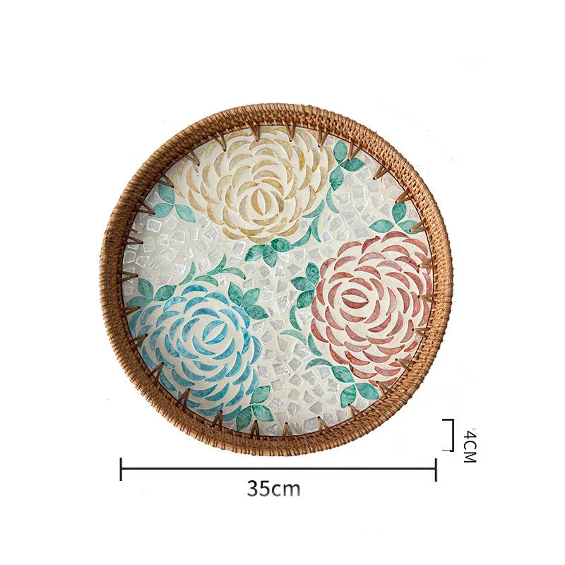 Bandeja redonda de vime feita à mão, concha colorida, bandeja de armazenamento, convidado doméstico, sala de jantar, decoração de mesa, decoração de casa