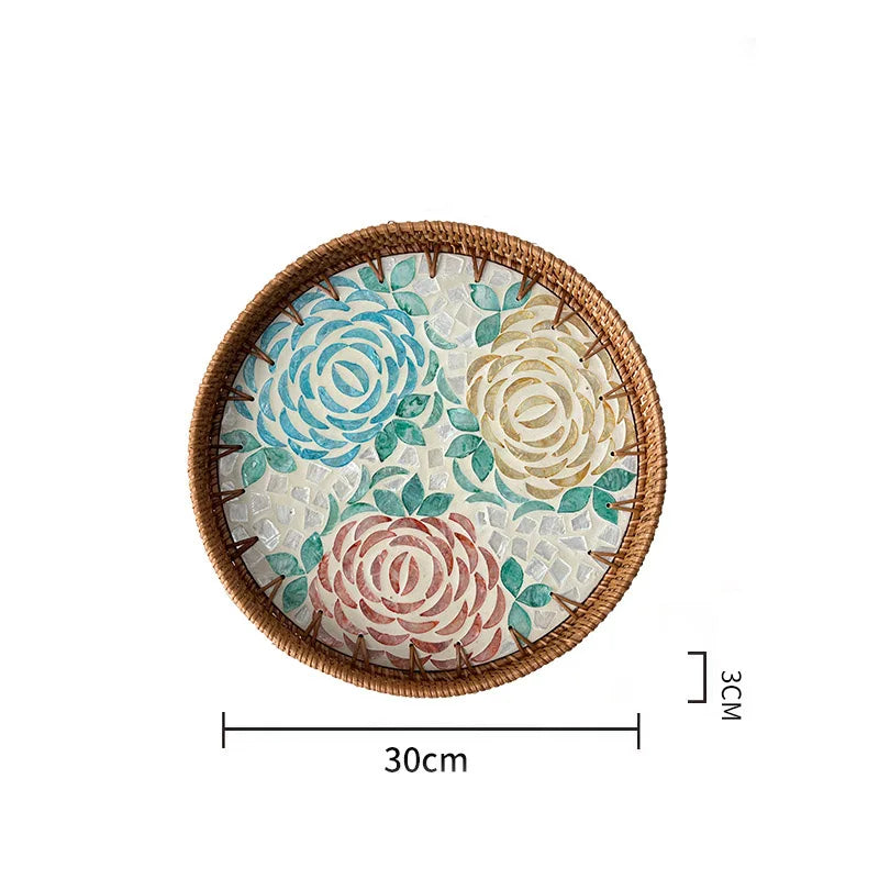 Bandeja redonda de vime feita à mão, concha colorida, bandeja de armazenamento, convidado doméstico, sala de jantar, decoração de mesa, decoração de casa