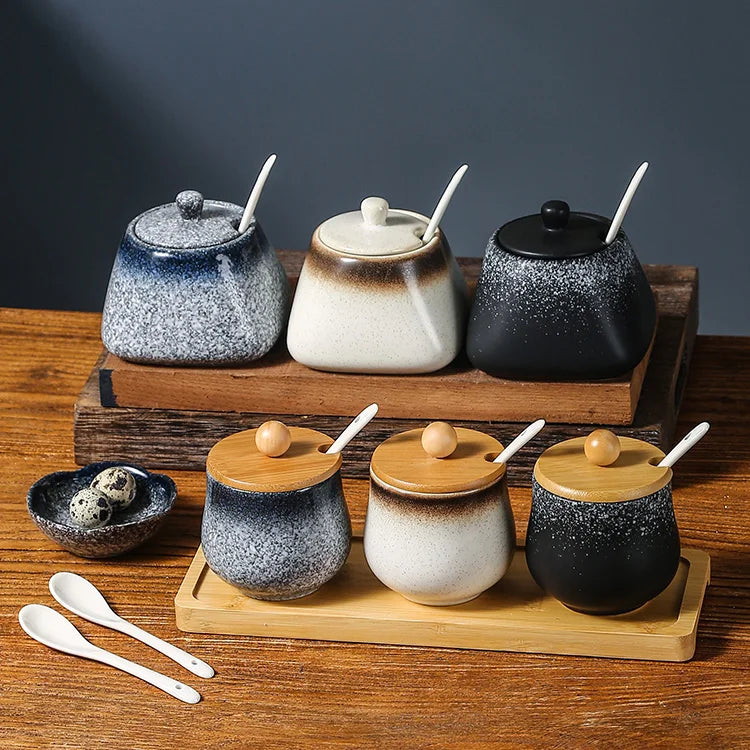 Estilo japonês do vintage conjunto de combinação de pote de especiarias de cerâmica cozinha caixa de especiarias de sal com tampa pimenta frasco de açúcar utensílios de cozinha