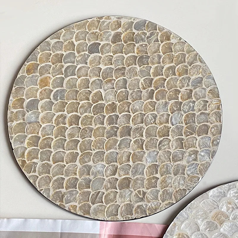 Vintage americano Rattan redonda Shell bandeja, café e comida ocidental isolamento almofada, bandejas de armazenamento criativas, sala de estar