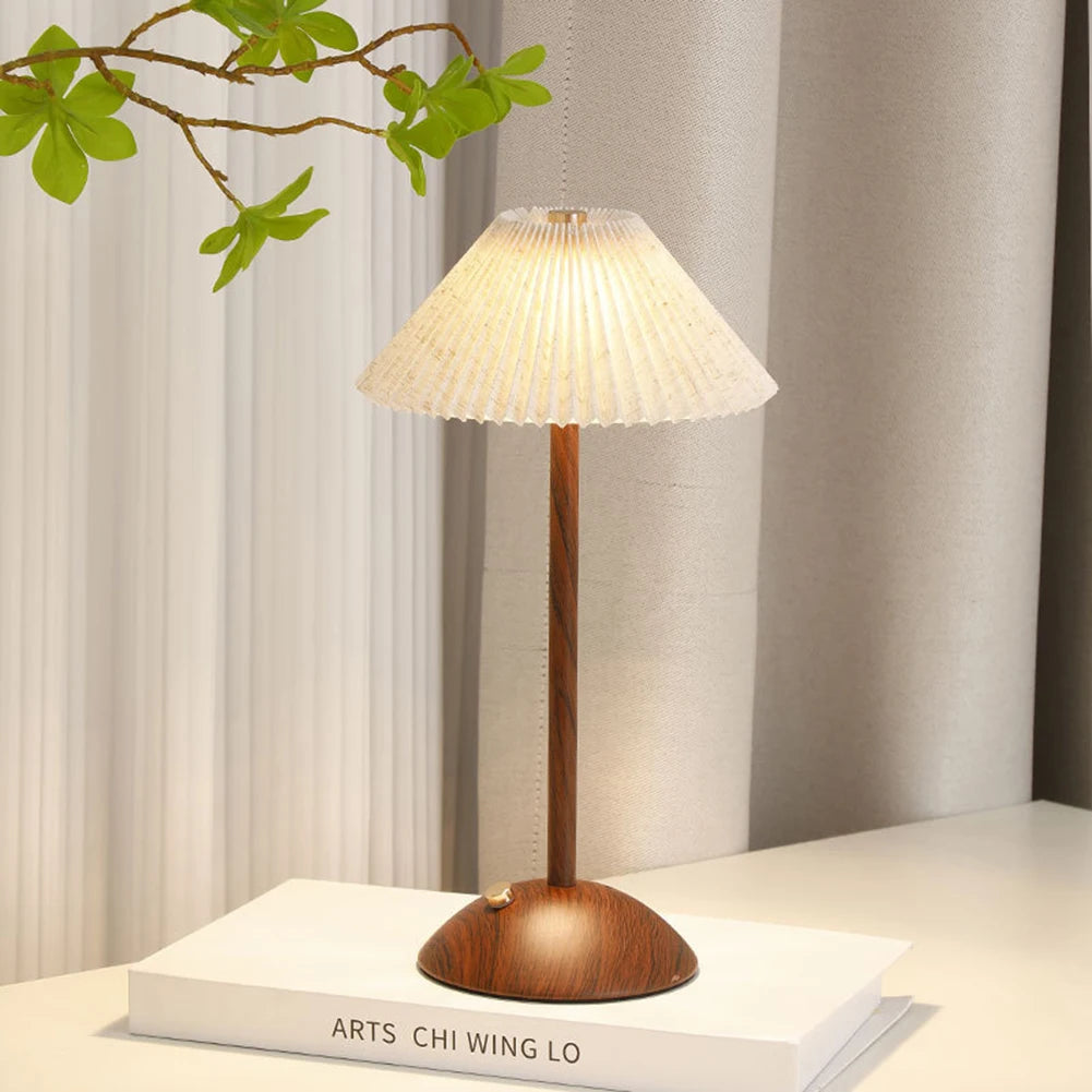 Portátil LED Desk Lamp com Base de Madeira, Pequeno Candeeiro De Mesa, Tecido Sombra, Regulável, Toque, Recarregável, Sala De Estar, Dormitório, Casa, Escritório