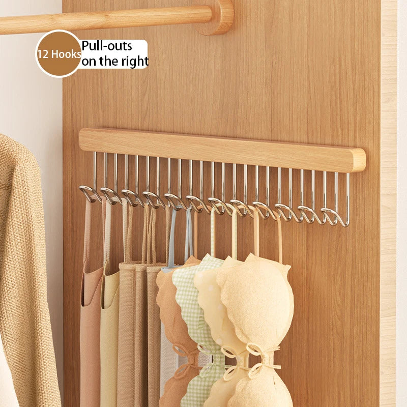 Cabide de madeira retrátil, Armazenamento de sutiã multifuncional, Organizador de roupeiro de parede, gravata de colete, 8 ganchos, 12 ganchos
