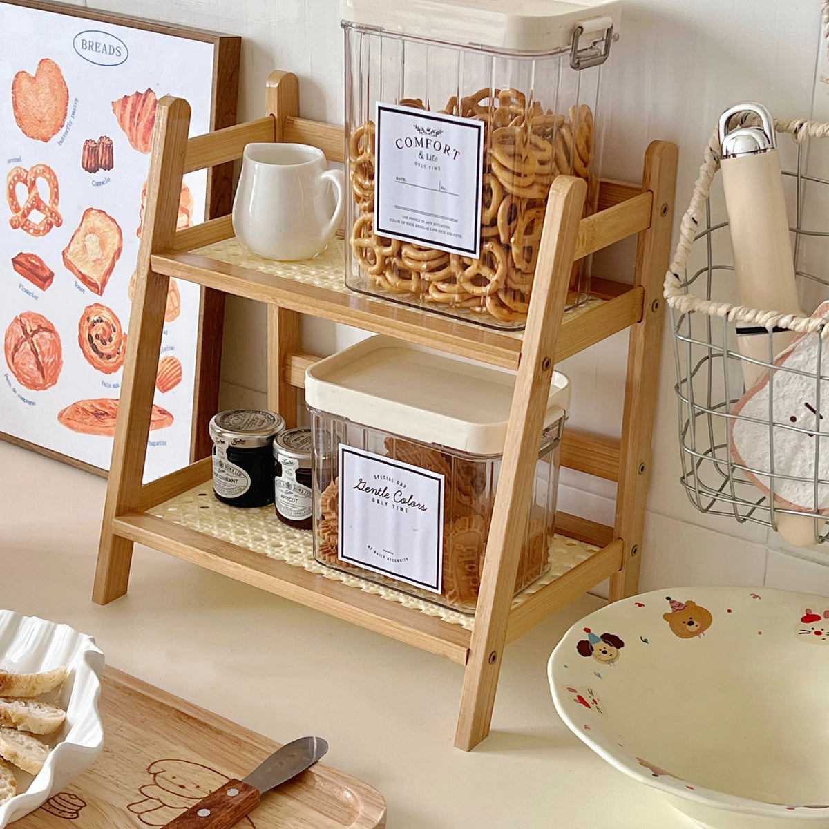 Rattan De Madeira Prateleira De Armazenamento, Desktop Stand Organizador, Trapezoidal Mesa, Display Rack, Escritório Estacionário, 2-Tier