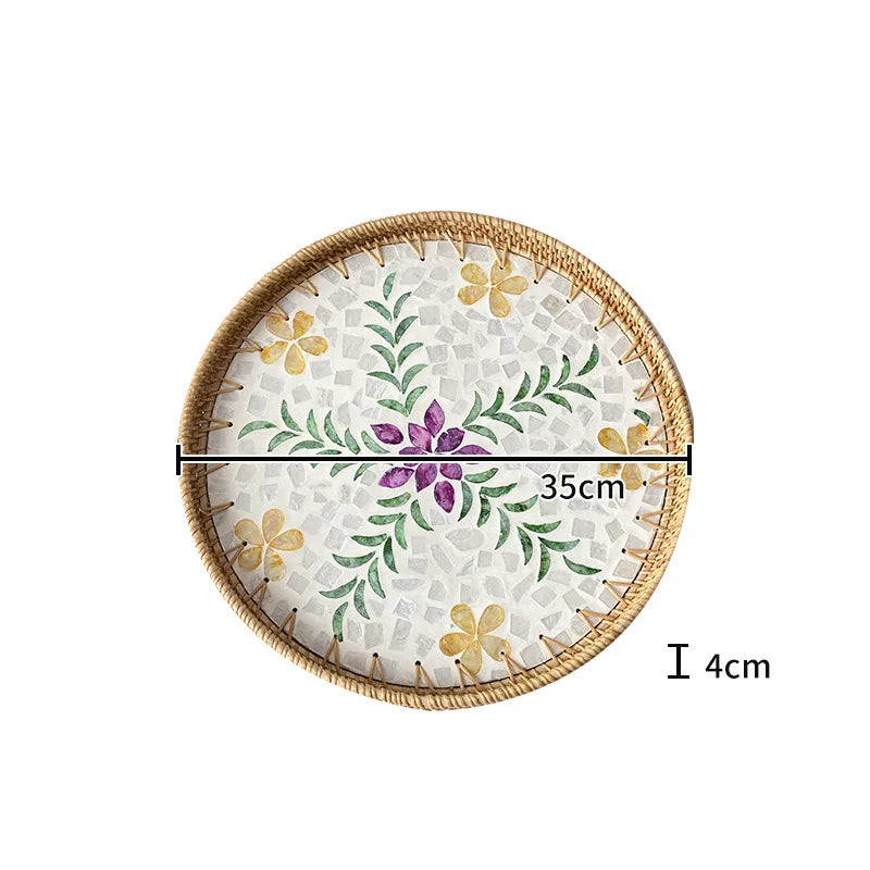 Bandeja redonda de vime feita à mão, concha colorida, bandeja de armazenamento, convidado doméstico, sala de jantar, decoração de mesa, decoração de casa