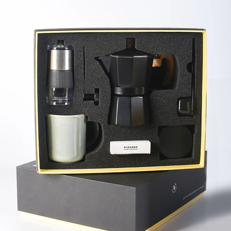 Conjunto de cafeteira moedor de mão, conjunto de moedor de mão caixa de presente, pote moka conjunto de 6 peças, com copo, lixeira de feijão, papel de filtro e colher de escova de feijão