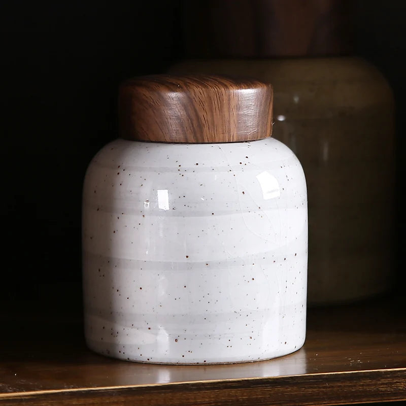 Tampa de madeira retro frasco de armazenamento de cerâmica à prova de umidade selada canister de chá frasco de doces recipiente de armazenamento de alimentos artesanato decoração de casa