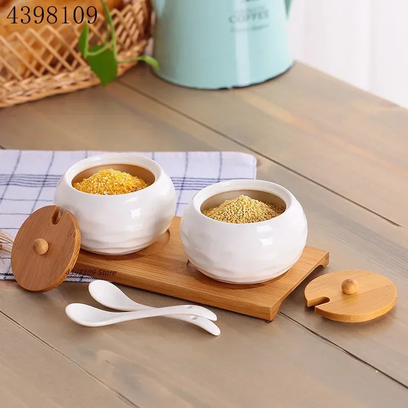 Cerâmica tempero pote tempero caixa bandeja de madeira tempero garrafa de açúcar tigela de sal do agregado familiar com colher suprimentos cozinha