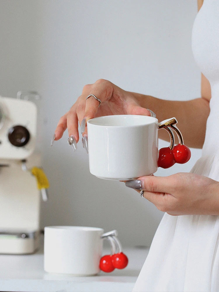 Ahunderjiaz-Pintado à mão Cereja Cerâmica Xícara De Café, Criativo 3D Caneca De Leite, Conjunto De Beber Doméstico, Presente De Aniversário