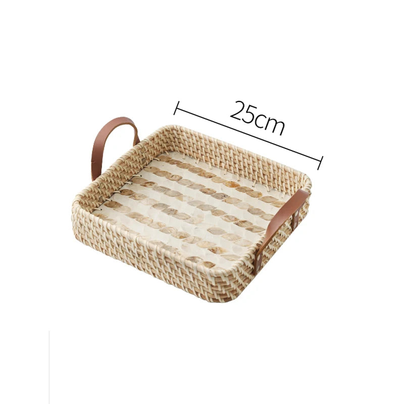 Ahunderjiaz-cesta de armazenamento retrô de rattan, bandeja criativa de concha natural com alças de couro, ornamentos de mesa para casa e sala de estar