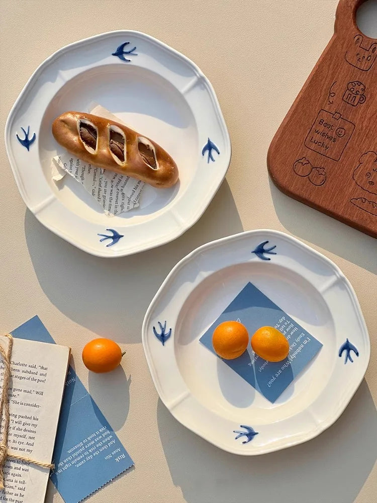 Ahunderjiaz-Vintage alívio cerâmica prato fundo, bandeja de bolo de sobremesa, esculpidas à mão, engolir impressão, utensílios de cozinha do agregado familiar