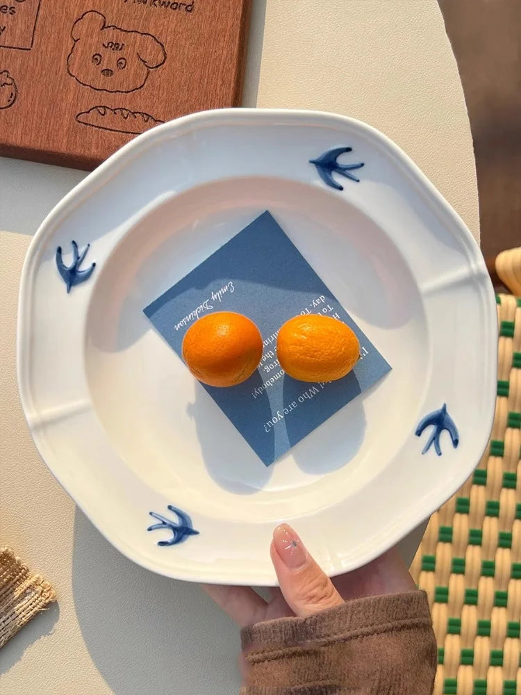 Ahunderjiaz-Vintage alívio cerâmica prato fundo, bandeja de bolo de sobremesa, esculpidas à mão, engolir impressão, utensílios de cozinha do agregado familiar