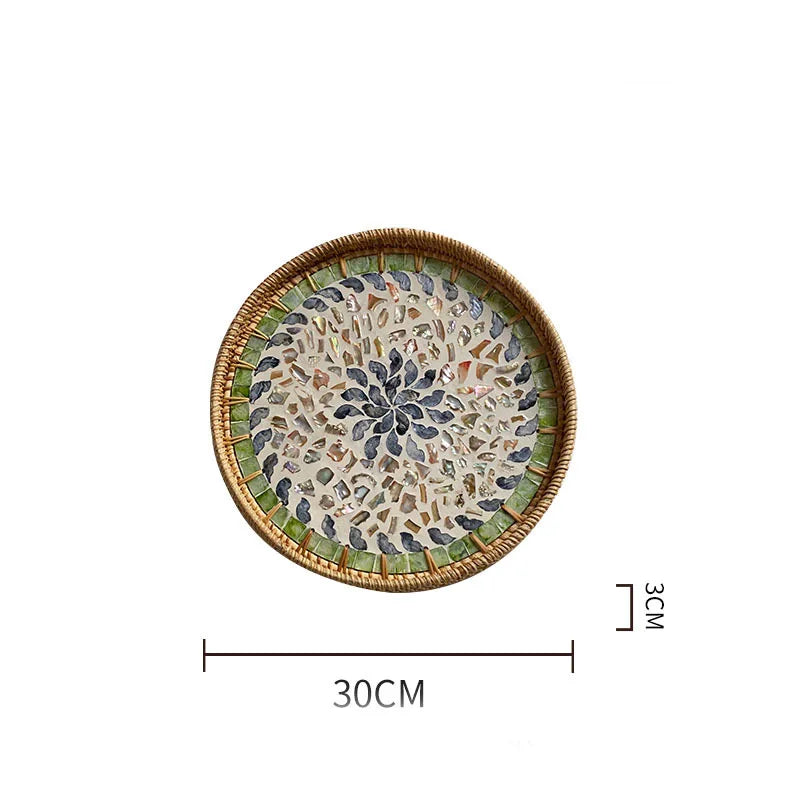 Bandeja redonda de vime feita à mão, concha colorida, bandeja de armazenamento, convidado doméstico, sala de jantar, decoração de mesa, decoração de casa