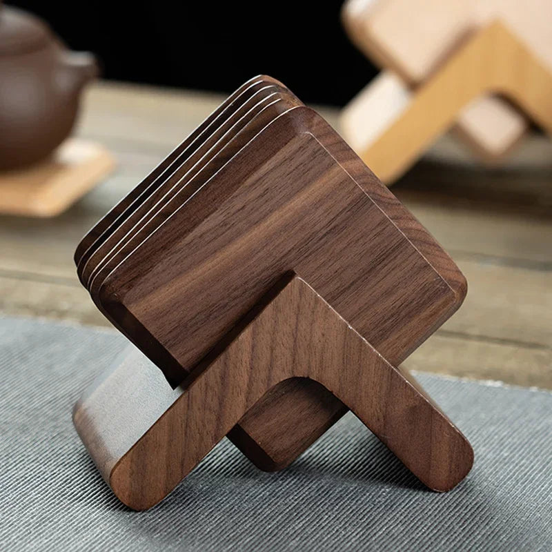 Praça Coaster De Madeira Conjunto Com Suporte, Porta-copos, Cup Mats, Noz Preta Café Placemats, Acessórios De Mesa, 6Pcs