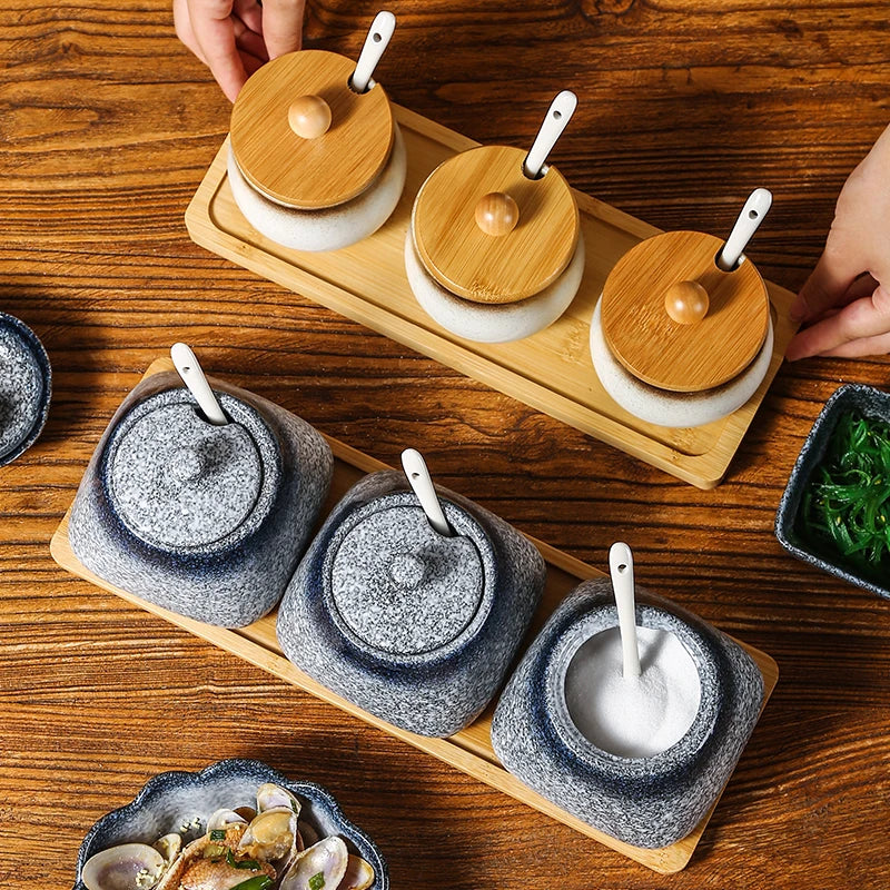 Estilo japonês do vintage conjunto de combinação de pote de especiarias de cerâmica cozinha caixa de especiarias de sal com tampa pimenta frasco de açúcar utensílios de cozinha