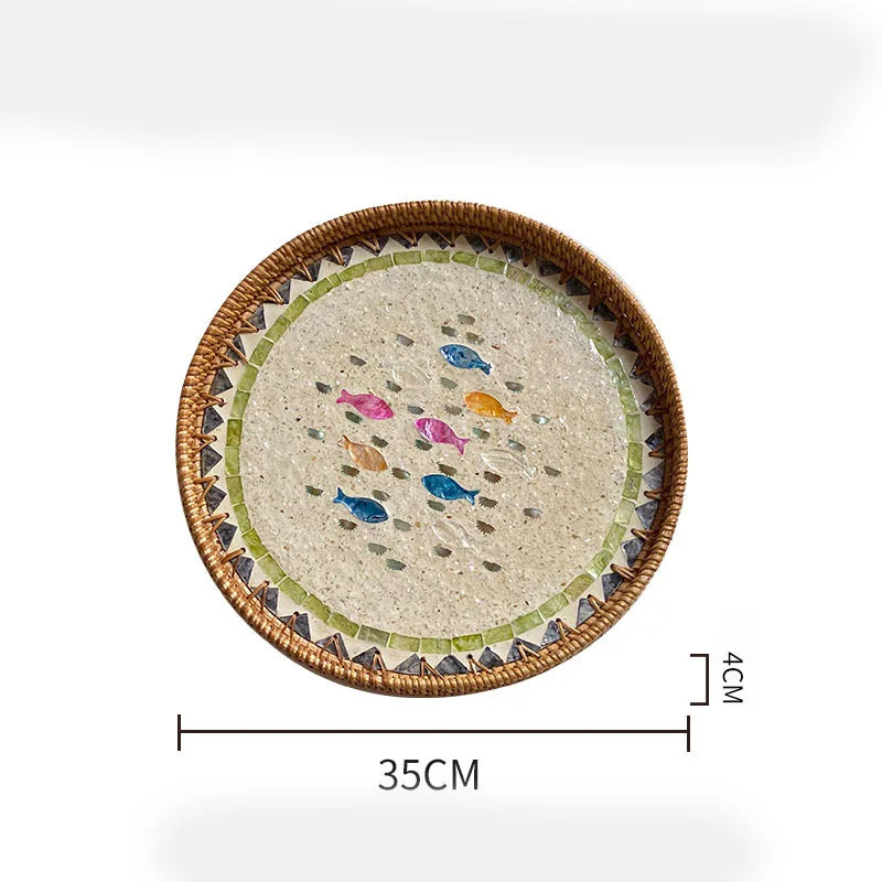 Bandeja redonda de vime feita à mão, concha colorida, bandeja de armazenamento, convidado doméstico, sala de jantar, decoração de mesa, decoração de casa