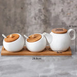 Cerâmica tempero pote tempero caixa bandeja de madeira tempero garrafa de açúcar tigela de sal do agregado familiar com colher suprimentos cozinha