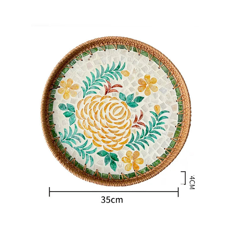 Bandeja redonda de vime feita à mão, concha colorida, bandeja de armazenamento, convidado doméstico, sala de jantar, decoração de mesa, decoração de casa