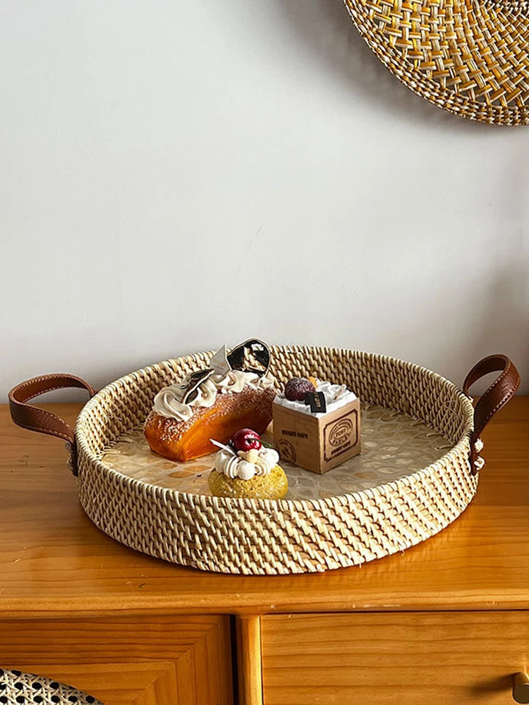 Bandeja De Armazenamento De Shell De Rattan Artesanal Retro, Cesta De Frutas Colorida De Piquenique Com Alça De Couro, Armazenamento De Mesa Da Sala De Estar, Casa D