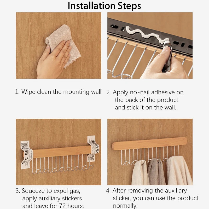 Cabide de madeira retrátil, Armazenamento de sutiã multifuncional, Organizador de roupeiro de parede, gravata de colete, 8 ganchos, 12 ganchos