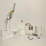 Conjunto de cafeteira moedor de mão, conjunto de moedor de mão caixa de presente, pote moka conjunto de 6 peças, com copo, lixeira de feijão, papel de filtro e colher de escova de feijão