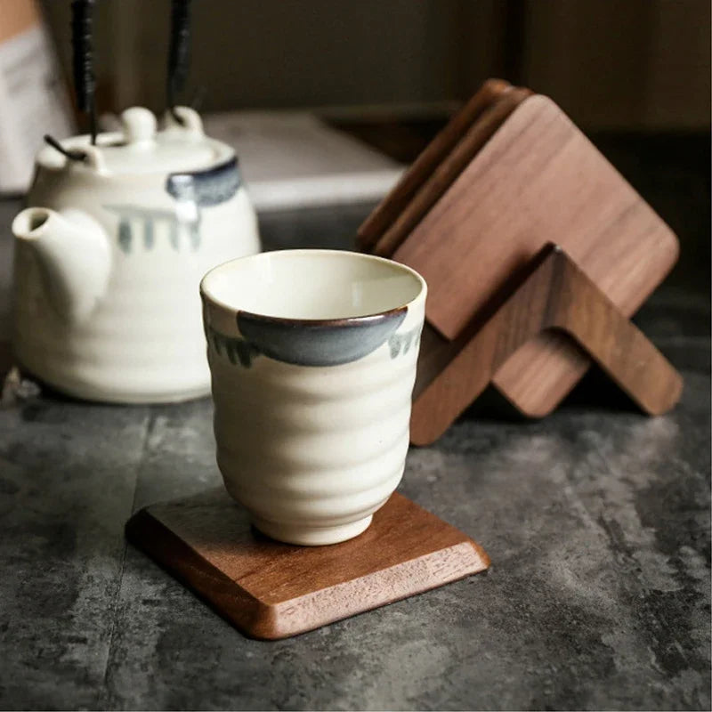 Praça Coaster De Madeira Conjunto Com Suporte, Porta-copos, Cup Mats, Noz Preta Café Placemats, Acessórios De Mesa, 6Pcs