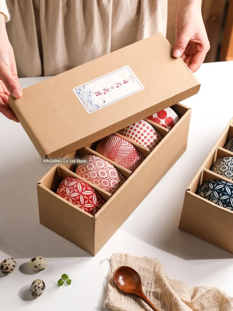 4.5 polegadas tigela de cerâmica tigela cozinha talheres conjunto tigela estilo japonês personalizado tigela arroz vintage padrão caixa presente 5 pçs