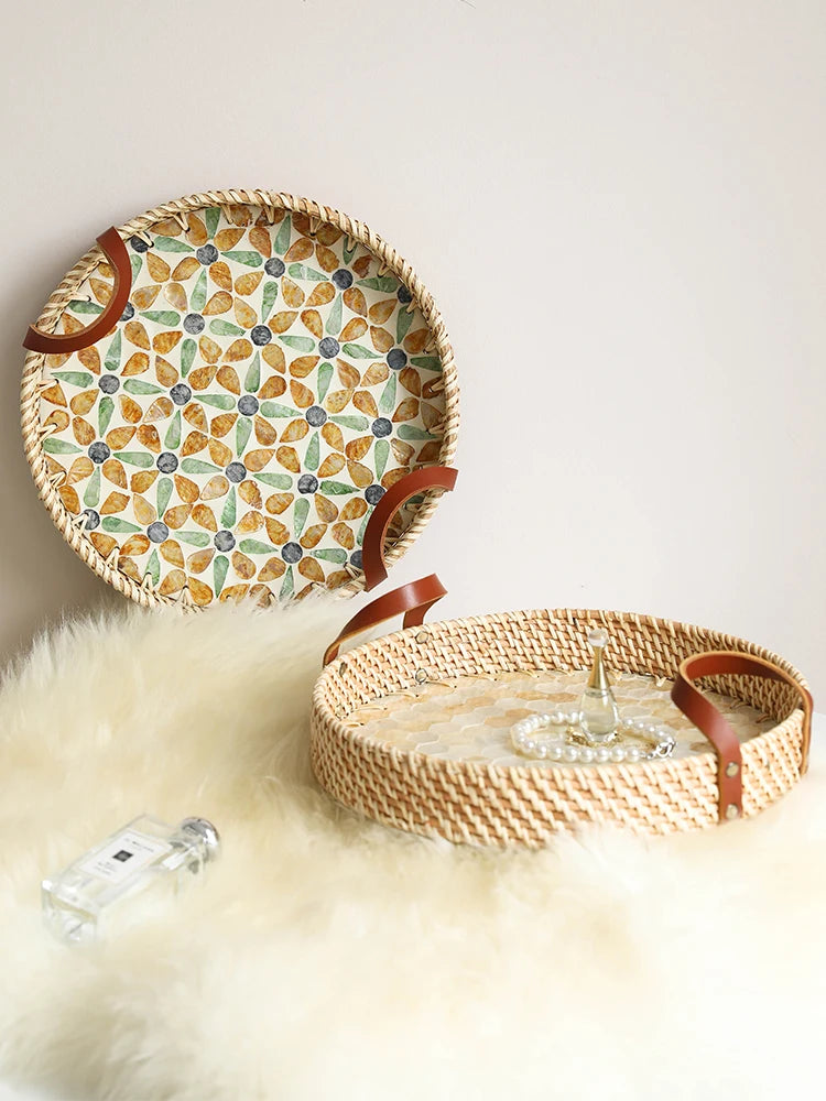 Bandeja de concha natural estilo francês, bandejas de armazenamento de vime feitas à mão, entrada da sala de estar, decoração de jardim, decoração de cozinha para casa